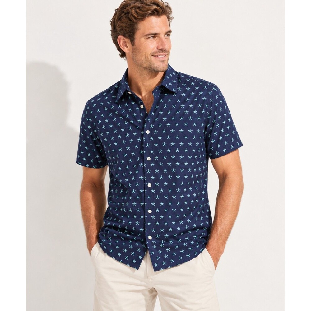 NWT Vineyard Vines Starfish Madras Shirt  M Navy Blue Short Sleeve Button Up